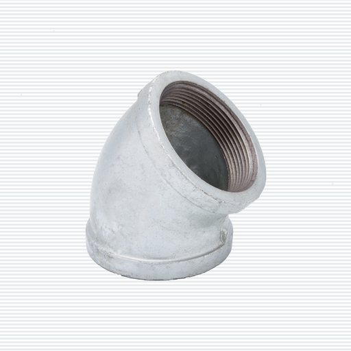 CODO 45° ROSCADO GALVANIZADO DE HIERRO MALEABLE: Codo galvanizado para sistemas de tuberías; resistente a la corrosión.