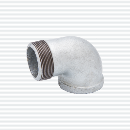CODO NIPLE ROSCADO GALVANIZADO DE HIERRO MALEABLE: Codo galvanizado para sistemas de tuberías; duradero y resistente a la corrosión.