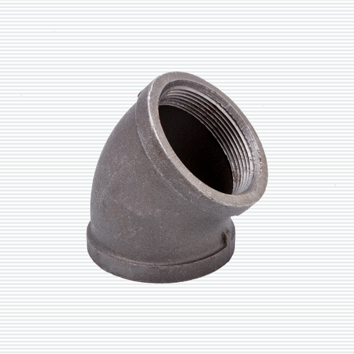 CODO 45° ROSCADO NEGRO DE HIERRO MALEABLE: Codo de hierro maleable con rosca negra; duradero y fácil de instalar.