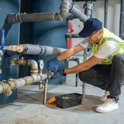 Profesional revisando una válvula metálica para identificar el punto exacto de una fuga y mostrar de manera segura y práctica como tapar una fuga de gas en la válvula sin improvisaciones. 