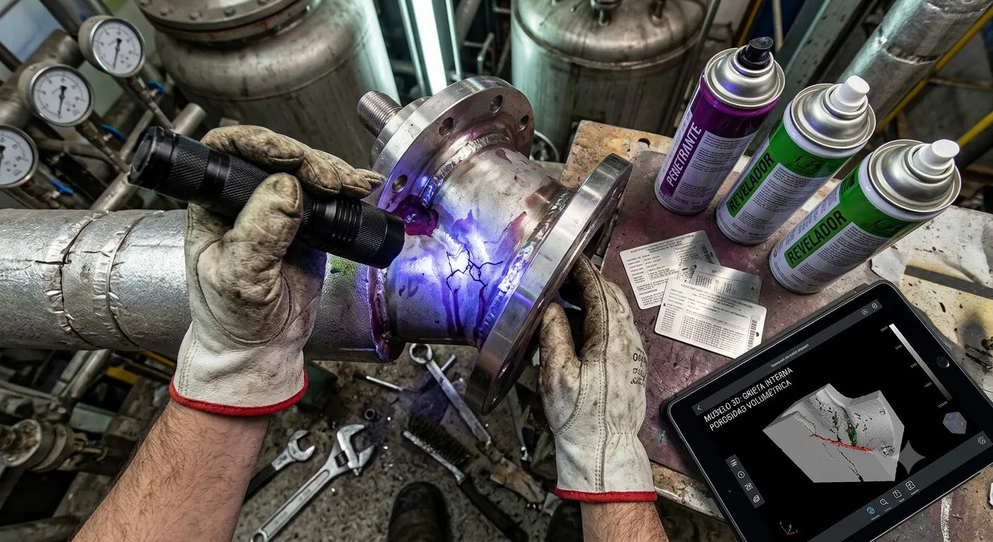 Soldaduras realizadas en una estructura metálica donde un técnico inspecciona el cordón de soldadura para detectar posibles defectos como porosidad o grietas.