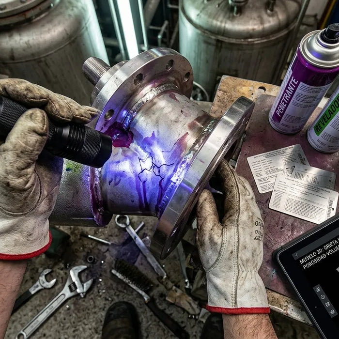 Soldaduras realizadas en una estructura metálica donde un técnico inspecciona el cordón de soldadura para detectar posibles defectos como porosidad o grietas.