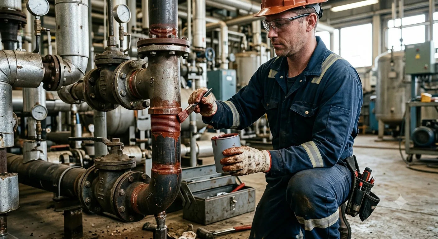 Técnico aplicando tipos de selladores industriales en una conexión roscada de tuberías para prevenir fugas en un sistema industrial. 