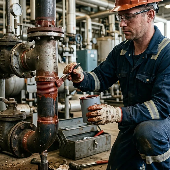 Técnico aplicando tipos de selladores industriales en una conexión roscada de tuberías para prevenir fugas en un sistema industrial. 